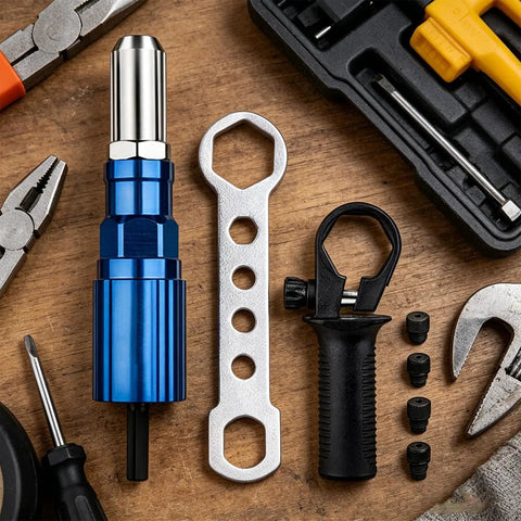 Cordless Drill Rivet Attachment With Quick Change Head Pro Grade Nut Tool Adapter For Fast Home Repairs And On Site DIY Projects Durable Metal Construction For Smooth Precise Riveting, blue metal rivet tool kit