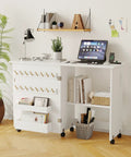 Totally Legit Folding Sewing Table With Quick Charge Port And Smooth Rolling Base Space Saving Craft Desk with storage in white.