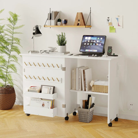 Totally Legit Folding Sewing Table With Quick Charge Port And Smooth Rolling Base Space Saving Craft Desk with storage in white.
