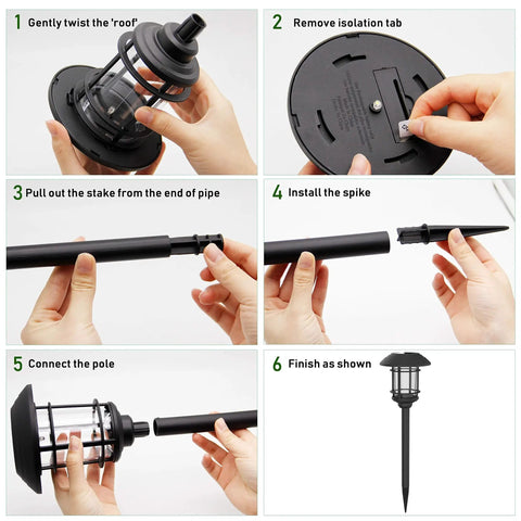 Assembly instructions for Six Pack Solar Powered Pathway Lights Waterproof Warm White Outdoor Lighting For Lawn Patio Yard Walkway Deck And Driveway Auto On At Dusk Off At Dawn No Wiring.
