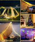 Rechargeable Camping String Lights 32.8ft With 8 Lighting Modes, shown decorating tents, a patio, and as festive home decor.