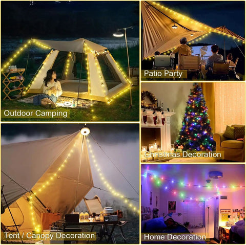 Rechargeable Camping String Lights 32.8ft With 8 Lighting Modes, shown decorating tents, a patio, and as festive home decor.