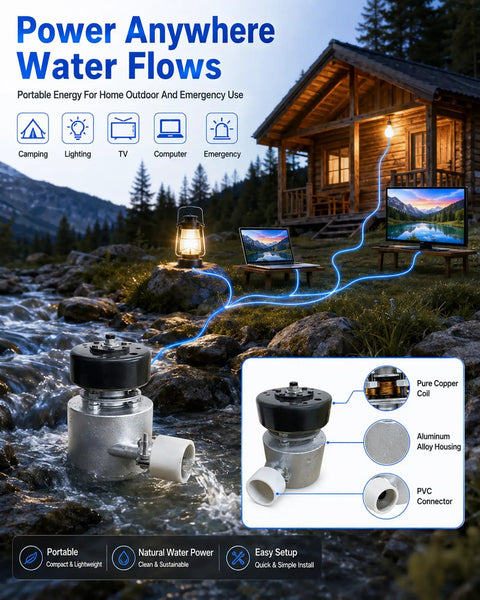 1000W Portable Micro Hydroelectric Generator With Water Turbine, Dual 110V And 220V Output by a cabin with electronic devices