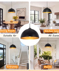 Esfos 11.8" Black and Gold Pendant Lights Kitchen Island, 3 Pack Chandelier in dining room and kitchen island settings.