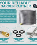Product image of Stainless Steel Garden Hose 100ft With Ten-Mode Spray Nozzle, showing hose coiled with connectors and features.