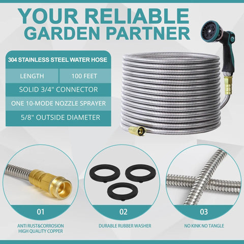 Product image of Stainless Steel Garden Hose 100ft With Ten-Mode Spray Nozzle, showing hose coiled with connectors and features.