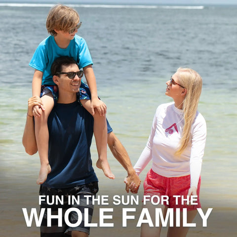 Boy wearing Boys UPF 50 Rash Guard Swim Shirt With Loose Tee Fit Short Sleeve Solid Aqua at the beach on father's shoulders