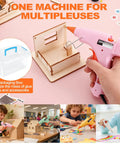 Person using Five Color Mini Hot Glue Gun Kit With Storage Box, crafting a wooden model; kids crafting with glue guns; storage box inset.