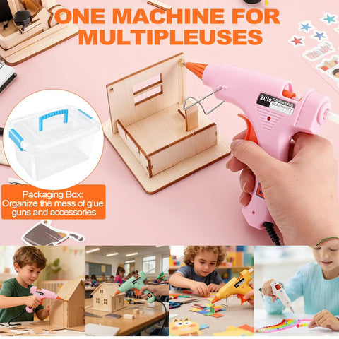 Person using Five Color Mini Hot Glue Gun Kit With Storage Box, crafting a wooden model; kids crafting with glue guns; storage box inset.