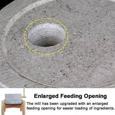 Enlarged feeding opening on the Rock Solid Manual Granite Stone Grain Mill With Wooden Base And Hand Crank Heavy Duty Grinder