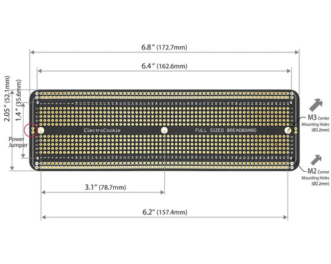 Diagram of Large Solderable Breadboard Prototype Board For DIY Electronics Projects Hookup Friendly Compatible With Arduino ESP8266 NodeMCU MCUs Gold Plated Matte Black 3 Pack showing dimensions and hole placement.