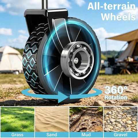 All Terrain Folding Wagon With Heavy Duty Frame And 360 Lbs Capacity Utility Cart wheel showcasing 360° rotation on different terrains.