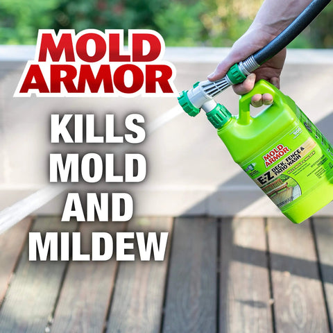 Product image of EZ Deck Fence And Patio Wash 64 oz with hose end sprayer, used on outdoor wood surface, kills mold and mildew.