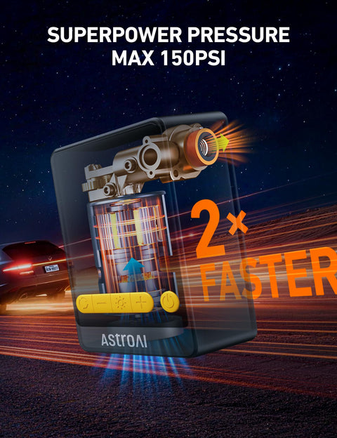 L10 Mini Tire Inflator Portable Air Compressor With 150 PSI Quick Car Tire Inflation in dynamic design illustration.