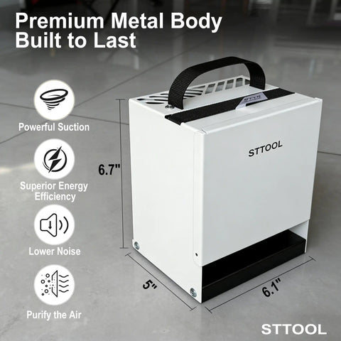 Upgraded Solder Fume Extractor With High Suction And HEPA Filtration Portable Smoke Purifier showing dimensions and metal body