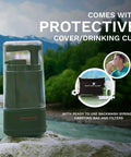 0.01 Micron Portable Water Filtration System For Real Survival, Backpacking And Camping on rock by river