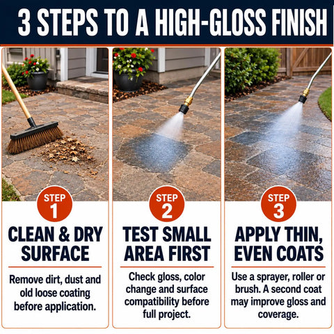 3 steps to apply Heavy Duty High Gloss Wet Look Paver Sealer For Concrete And Brick Walkways One Gallon.