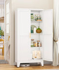 Heavy Duty White Metal Pantry Cabinet With 2 Doors And 3 Adjustable Shelves Freestanding Kitchen Storage Cabinet Durable Steel Construction 150 Lbs Per Shelf Perfect For Dining Room Living Room And Bathroom in dining area corner, stocked with dishes and jars.