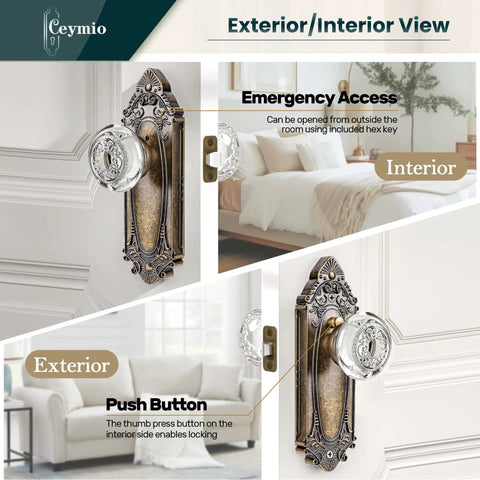 Crystal Door Knob Set With Privacy Lock In Antique Brass Base Glass Door Handle With Vintage Vibe For Bedroom