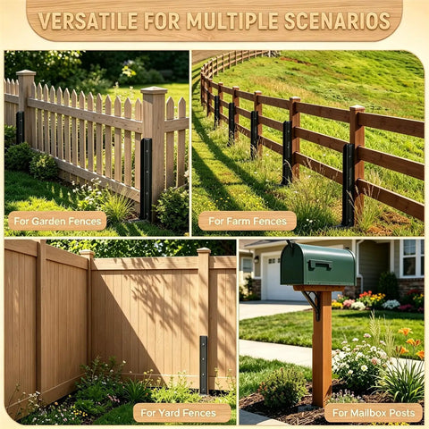 Heavy Duty Steel Fence Post Repair Kit 4 Pack Quick Fix For Leaning 4X4 And 6X6 Wood Posts Outdoor Yard Anchor Stakes shown on various fence types.