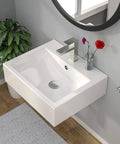 Floating Wall Mount Vessel Sink 21x16 White Porcelain Ceramic Basin With Overflow Rectangular Wall Hung Lavatory Sink For Modern Bathrooms