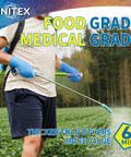Man using Top Tier Blue Nitrile Gloves Food Safe Grade 6 Mil Thick Latex Free Kitchen Cooking Cleanup 100 Count Roll while spraying in a field.