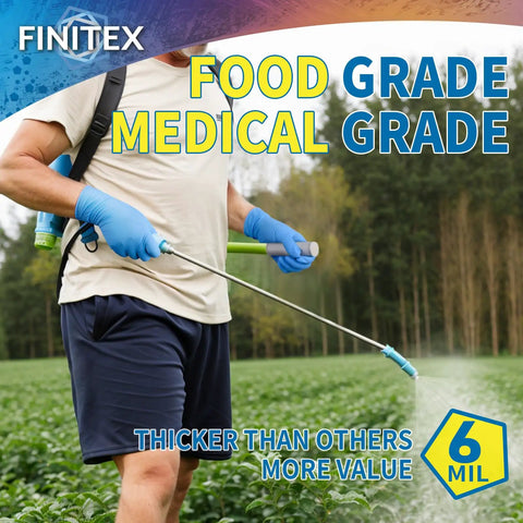 Man using Top Tier Blue Nitrile Gloves Food Safe Grade 6 Mil Thick Latex Free Kitchen Cooking Cleanup 100 Count Roll while spraying in a field.