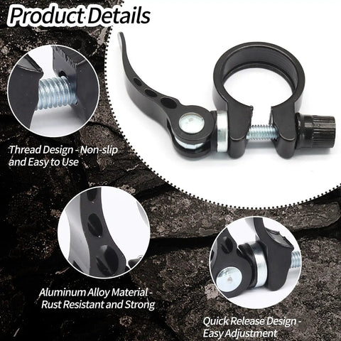 31.8mm Aluminum Bicycle Seat Post Clamp Quick Release Collar Type 1 Hollow Ergonomic Design Lightweight and Secure Seat Post Clamp For Mountain Road Bikes Black, showing thread and quick release details