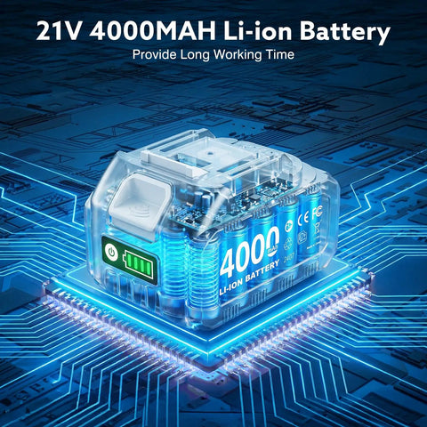 21V 4000mAh Li-ion battery displayed on a circuit board with glowing blue lines