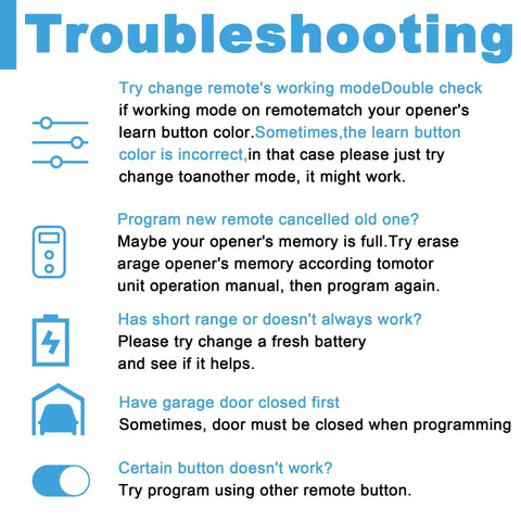 Troubleshooting tips for Universal 2 Pack Garage Door Opener Remote Replacement For Chamberlain LiftMaster Craftsman models.
