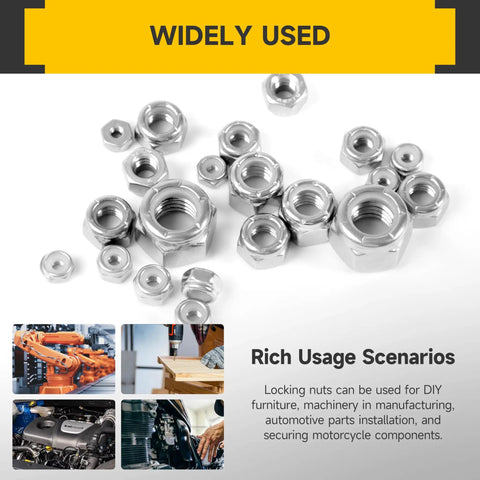 Rock Solid 120 Pcs SAE Nylon Insert Lock Nuts Assortment Kit featuring stainless steel lock nuts for industrial and automotive use.