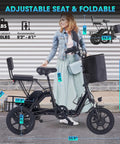 Three Wheel Electric Trike For Adults With 500W Peak Brushless Motor Foldable Ebike 480Wh Removable Battery Easy Step Through Frame Two Seats Up To 45 Miles Stable Senior Friendly Ride Gift For Parents, side view with seat dimensions shown
