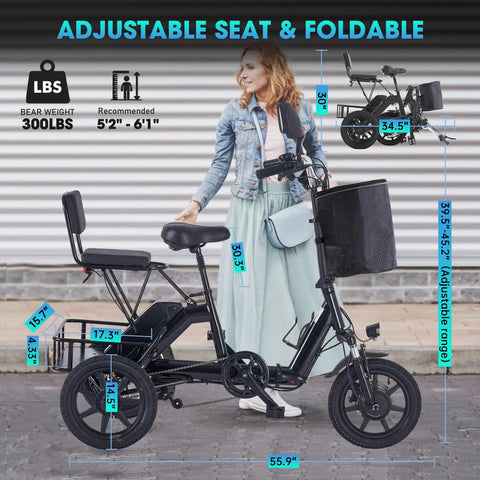 Three Wheel Electric Trike For Adults With 500W Peak Brushless Motor Foldable Ebike 480Wh Removable Battery Easy Step Through Frame Two Seats Up To 45 Miles Stable Senior Friendly Ride Gift For Parents, side view with seat dimensions shown