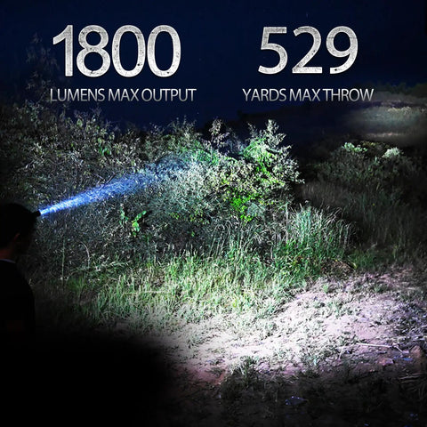 Defender P16 Tactical Flashlight With Dual Tail Switch Boss Level Bright 1800 Lumens 529 Yard Throw beam in dark outdoor setting