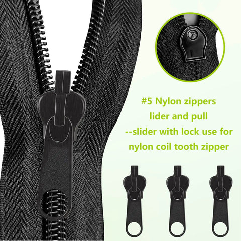 Close-up of #5 zipper slider and pull from 24 Piece Universal Zipper Repair Kit With Four Sizes Double Sided Sliders And Pull Tabs.