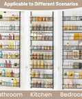 Eight Tier Pantry Door Organizer In Black Super Sturdy Over The Door Storage Bins with various items in bathroom, kitchen, and bedroom.