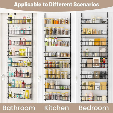 Eight Tier Pantry Door Organizer In Black Super Sturdy Over The Door Storage Bins with various items in bathroom, kitchen, and bedroom.