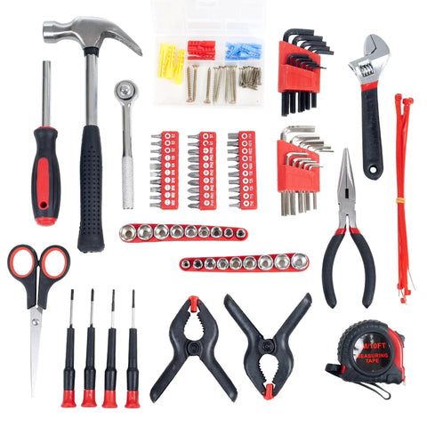 86 Piece Household Hand Tool Set With Roll Up Bag For Home Or Car Includes Screwdrivers Pliers Wrenches Sockets And More Ready For Everyday Fixes And Quick Diy Projects arranged on white background