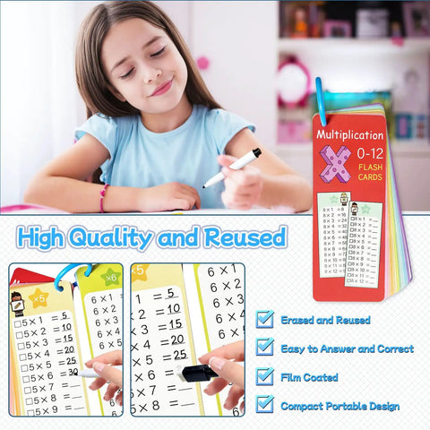 Child using Times Table Flash Cards 0 Through 12 Pack Of 15 With Durable Laminated Cards Dry Erase Markers And Sorting Ring