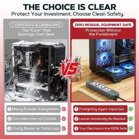 Comparison image showing damaged computer with powder versus protected power strip using 18 Pack Fire Suppression Stickers For Electrical Outlets And Power Strips Self Adhesive Heat Activated Fire Protection Pads No Power Needed Easy Install Home Safety Upgrade