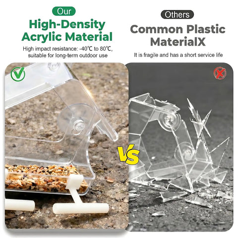 Comparison of high-density acrylic Clear Window Bird Feeder With Strong Suction Cups and broken plastic feeder.