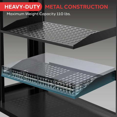 Heavy Duty 2U Vented Server Rack Shelf For Rock Solid Network Gear And Desktop Rigs Delivering Crisp Airflow And Zero Heat Headaches Through Sturdy Ventilated Steel Frame showing vented metal construction and 110 lb capacity.