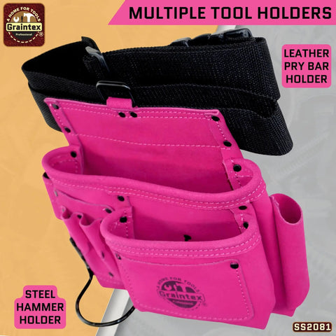 Pink Suede Leather 5 Pocket Tool Belt Bag For Women And Men, multipurpose pouch with adjustable web belt and tool holders