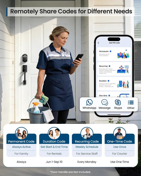 Woman in uniform using smartphone to manage Slick Wifi Smart Deadbolt Solid Keyless Entry Door Lock Matte Black App Sync.
