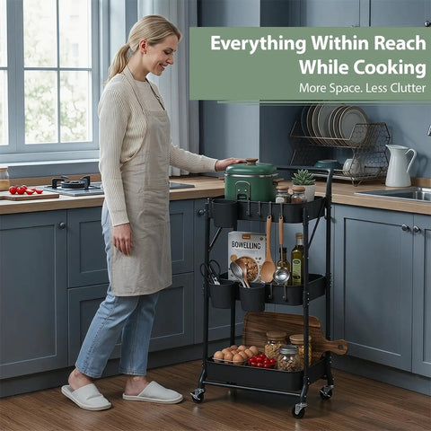 Woman cooking beside a 3 Tier Foldable Rolling Cart With Wheels Grab-And-Go Space Saving Utility Organizer in kitchen