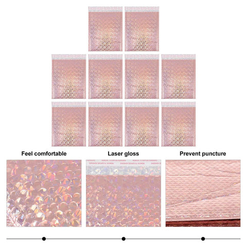 Rose Pink Holographic Padded Mailers 25x30cm Self Seal Waterproof Shipping Bags 10 Pack arranged in grid showing texture