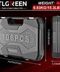 108 Piece Workhorse Mechanic Socket Tool Kit With CR V Steel Sockets black case shown with dimensions