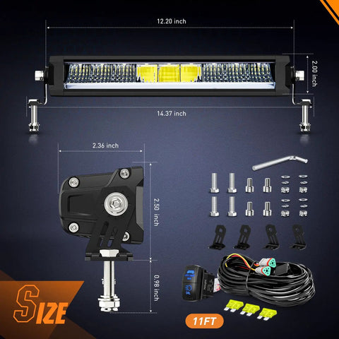 Amber DRL LED Light Bar Set, 2 Pack, 12.2 Inch, 45W Each, Single Row Off Road Lights, Beefed Up Ultra Bright 4980LM Per Light, 985Lux At 10 Meters, 1Lux At 314 Meters For Night Driving And Trails size chart with mounting parts