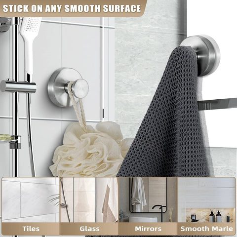 Suction Cup Hooks for Shower and Bathroom No Drill Installation with towel and loofah on smooth tile, ideal for renters