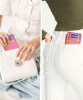 Credit Card Holder For Women Slim Minimalist Front Pocket RFID Blocking Wallet in vibrant pink in handbag and back pocket